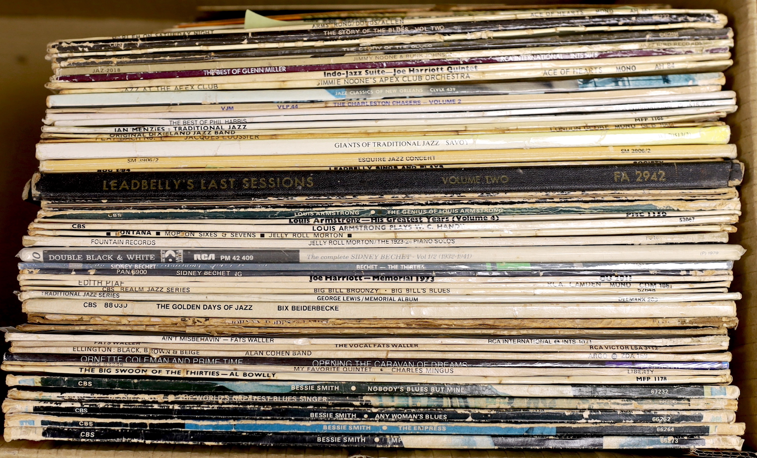 Forty-six Jazz LPs including, Bessie Smith, Charlie, Mingus, Ornette Coleman, Fats Waller, Bix Beiderbecke, Jelly Roll Morton, Louis Armstrong, Leadbelly, Ian Menzies, etc. together with six 10 inch LPs, etc.